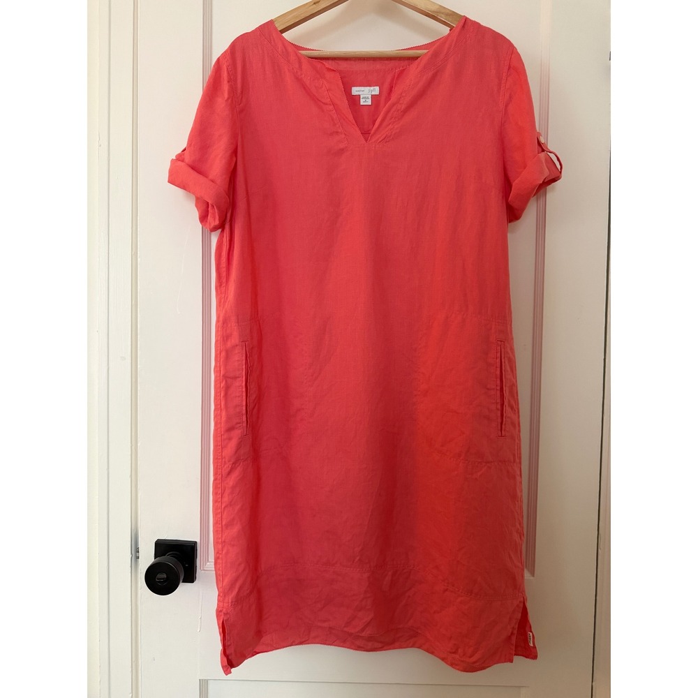 J. Jill Love Linen Pink Shift Dress V-Neck Roll-Tab Sleeve Med Coastal Boho